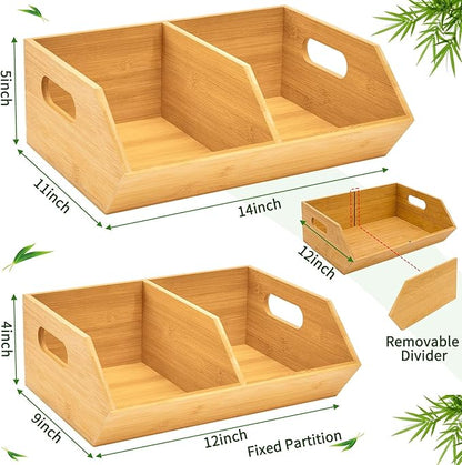 2 Set Bamboo Storage Bins, Pantry Organizers and Storage, Kitchen Countertop Organization and Storage Basket for Produce, Onions, Potatoes, Garlic, Fruits, Vegetable and Bread