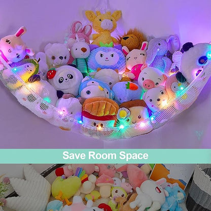 Unicorn Castle Stuffed Animals Net or Hammock Kids Toy Storage Organizer with LED Light Hanging Corner Stuffed Animals Holder Kids Girls Room Decor,White,Large (Pack of 1)