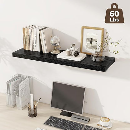 Fun Memories 12 Deep Floating Shelves, 40W x 12D Floating Shelves for Wall Set of 2, Extra Deeper Hanging Wood Shelves for Wall for Living Room Kitchen Laundry Room Kitchen Home Office - Black