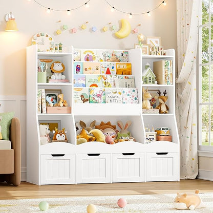 FINETONES Toy Storage Kids Bookshelf, Toy Organizer Book Shelf for Kids Room with 4 Movable Drawers and 7 Storage Cubbies, Playroom Storage Toy Storage Cabinet for Living Room, White