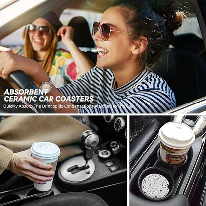 Terrazzo Marble Car Cup Holder Coaster 2 Pack Absorbent Ceramic Car Coasters for Cup Holders Car Accessories Interior for Women Men Universal Anti Slip Cork Base Cup Coasters with Finger Notch