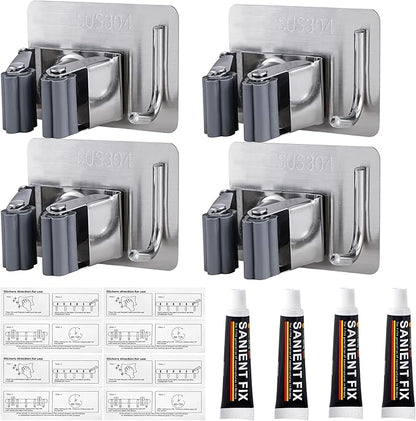 Broom Holder Self Adhesive No Drill Wall Mount Mop Broom Organizer with Hook Heavy Duty Stainless Steel Garden Tool Organizer Garage Storage and Organization Hanger (Silver + Grey)
