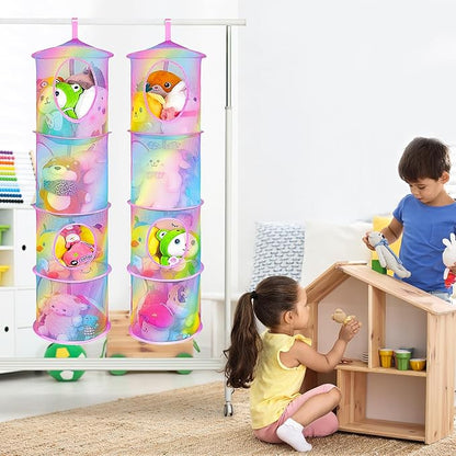 Basumee Stuffed Animals Net or Hammock 2 Pcs Stuffed Animals Storage Toy Net Hammock for Plushies Storage Organizer Mesh Kids Girls Room Decor, Rainbow, 4 Tiers