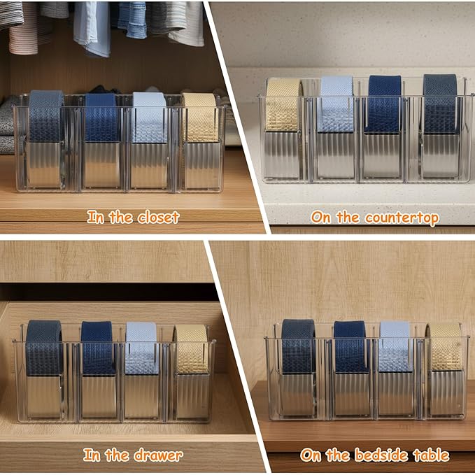 Afcabakila 2-Pack Belt Storage Organizer, Acrylic Belt Organizer with 8 Detachable Compartments, Clear Belts Holder for Closet & Drawer, Fits Most Sizes, Space-Saving Design for Ties, Bows & Jewelry