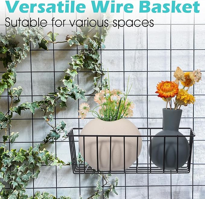 10 PCS Hanging Wire Baskets for Organizing - Hanging Metal Basket Storage with Wall Grid Panel, Rust-Resistant Iron for Kitchen Bathroom Home Decor (Black, 9x3.9x3 Inches)