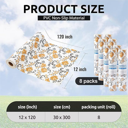 FIFTY FEET 12X120 Inch Shelf Liner for Kitchen Cabinets, PVC Drawer Liner for Dresser Non-Slip Bathroom, Non-Adhesive Cabinet Liner Washable (Yellow Floral)(8 Roll)