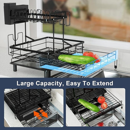 YEYPOP 2 Tier Dish Drying Rack - Expandable Dish Rack Over Sink, 304 Stainless Steel Dish Rack for Kitchen Counter, Dish Drainer w Utensil Holder, Drainboard & Cups Holder, Anti-Rust & Space Saving