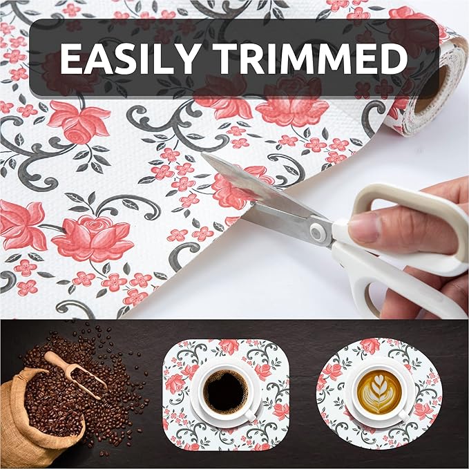 FIFTY FEET 12X120 Inch Shelf Liner for Kitchen Cabinets, PVC Drawer Liner for Dresser Non-Slip Bathroom, Non-Adhesive Cabinet Liner Washable (Red Floral)(7 Roll)