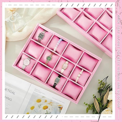 Henoyso 2 Pieces 12 Grid Velvet Watch Tray Jewelry Organizer Stackable Watch Bracelet Bangle Display Holder Adjustable Pillow(Pink)