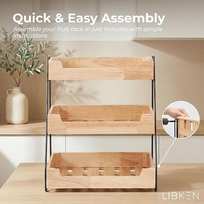 3-Tier Wooden Fruit Basket – Rubberwood Countertop Produce Storage with Metal Frame – Minimal Scandinavian Design Fruit Stand for Kitchen Counter, Space-Saving Tiered Basket Organizer