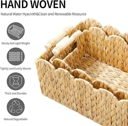 Scalloped Edge Wicker Basket,Hand-Woven Rattan Baskets with Wooden Handles,Natural Water Hyacinth Basket for Laundry,Shelves,Rectangular Set of 2