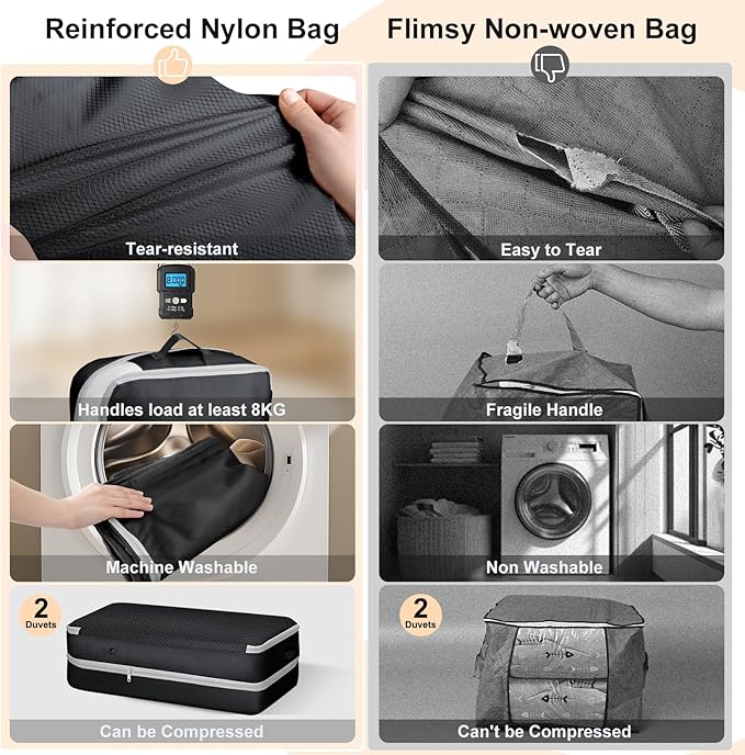 Easortm Comforter Storage Bag - Large Capacity Bedding Storage Bags Ultra Space Saving Self Compression Organizer, Washable Compression Bags for Storage Comforter Blanket Duvet Pillow, 2-Pack, Black