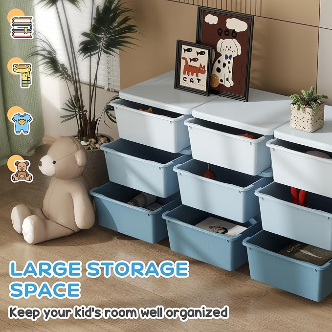 Qaba 3 Tier Kids Storage Unit, Toy Organizers and Storage with 9 Drawer Chest for Kids Bedroom Nursery Kindergarten Living Room for Boys Girls Toddlers, Blue