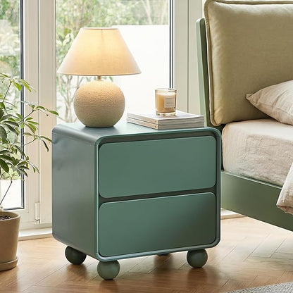 AVZEAR Small Night Stand with 2 Drawers, Mid Century Modern Nightstands with Solid Wood Legs, 2 Drawer Dresser Curved Profile Design End Table Side Table for Small Space, Dorm, Bedroom(Green)