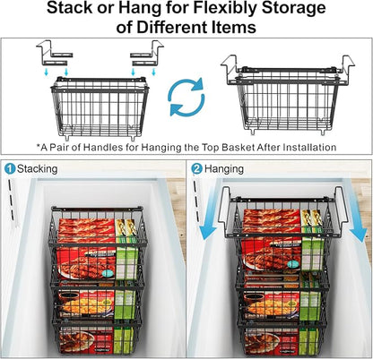 iSPECLE Freezer Organizer Bins - 2 Pcs Hanging Baskets for Deep Freezer, Adjustable Wider & Deeper Chest Freezer Organizer Bins for 5 to 9 Cu Ft, Extra Large & Easy Organize, Black