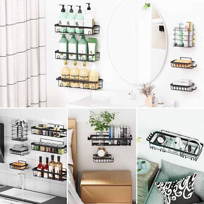 Posyla Shower Caddy, Bathroom Organizers, Black Shower Shelves for Inside with Soap Caddy & Toothbrush Holder, Stainless Steel Wall Rack Baskets Adhesives Mounted(5 PCS)