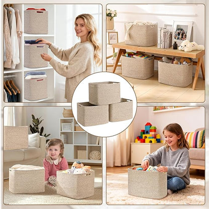 3 Pack Cube Storage Bin, 17”x12”x12” Cotton Rope Woven Baskets for Organizing Toys Clothes Towels, Square Gift Storage Baskets for Shelf, Nursery, Closet, Bathroom, Pantry (Jute)