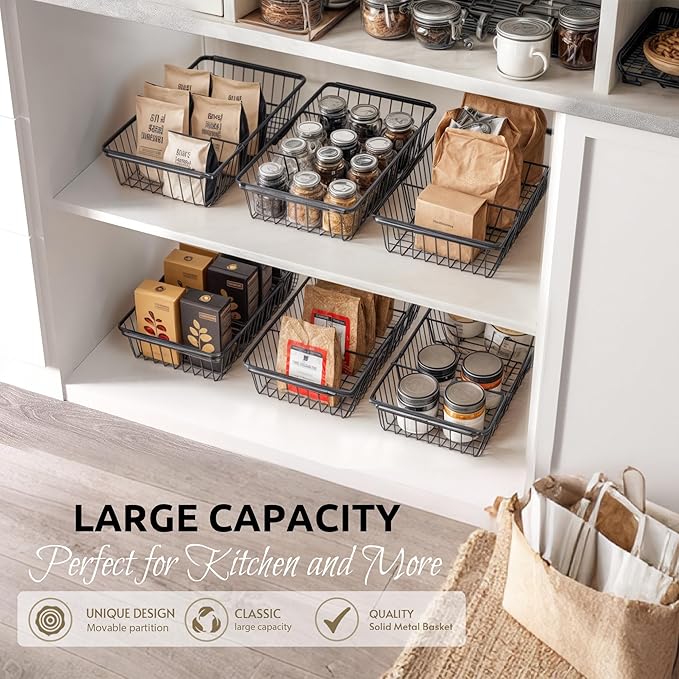 【2 PACK】Wire Baskets for Organizing,14-Inch Metal Basket Movable Partition,Wire Baskets for Pantry&Kitchen, bathroom, cabinets, tabletop, etc