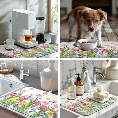 Spring Floral Dish Drying Mat for Kitchen Counter Tulip Lavender Flower Dishes Pad Absorbent Microfiber Dish Draining Mat Washable Dish Drainer Rack Mats Extra Large 18"x24"