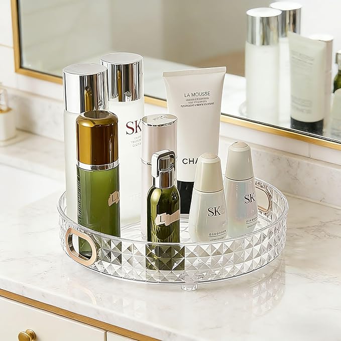 HsaExtriva 360 Rotating Makeup Organizer, Diamond Patterned Large Capacity Skin Care Organizer, Wider Perfume Stand, Makeup Holder for Vanity and Bathroom Countertop, Clear 1 Tier
