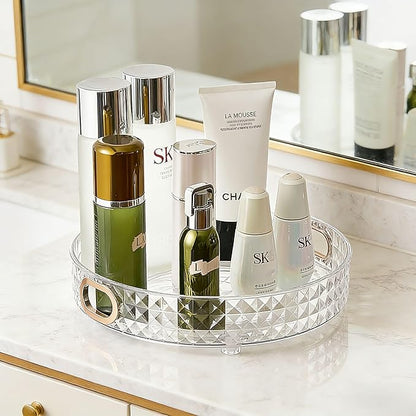 HsaExtriva 360 Rotating Makeup Organizer, Diamond Patterned Large Capacity Skin Care Organizer, Wider Perfume Stand, Makeup Holder for Vanity and Bathroom Countertop, Clear 1 Tier