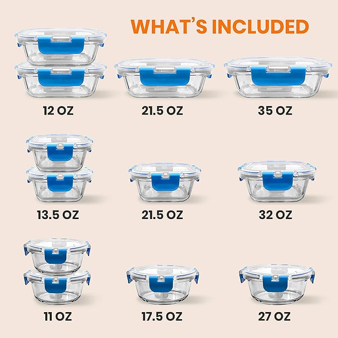 24-Piece Glass Food Storage Containers - Stackable Superior Glass Meal-prep Containers w/Newly Innovated Hinged BPA-Free 100% Leakproof Locking Lids - Freezer-to-Oven-Safe - NutriChef NCGLBU.5 (Blue)