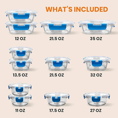 24-Piece Glass Food Storage Containers - Stackable Superior Glass Meal-prep Containers w/Newly Innovated Hinged BPA-Free 100% Leakproof Locking Lids - Freezer-to-Oven-Safe - NutriChef NCGLBU.5 (Blue)