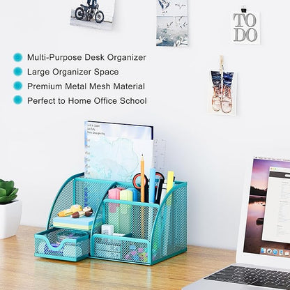 EasyPAG Mesh Desk Organizer with Drawer Multi-Functional Pen Holder Stationery Organizer for Office School Supplies 6 Compartments Dorm Organizers and Storage for Desk, Blue