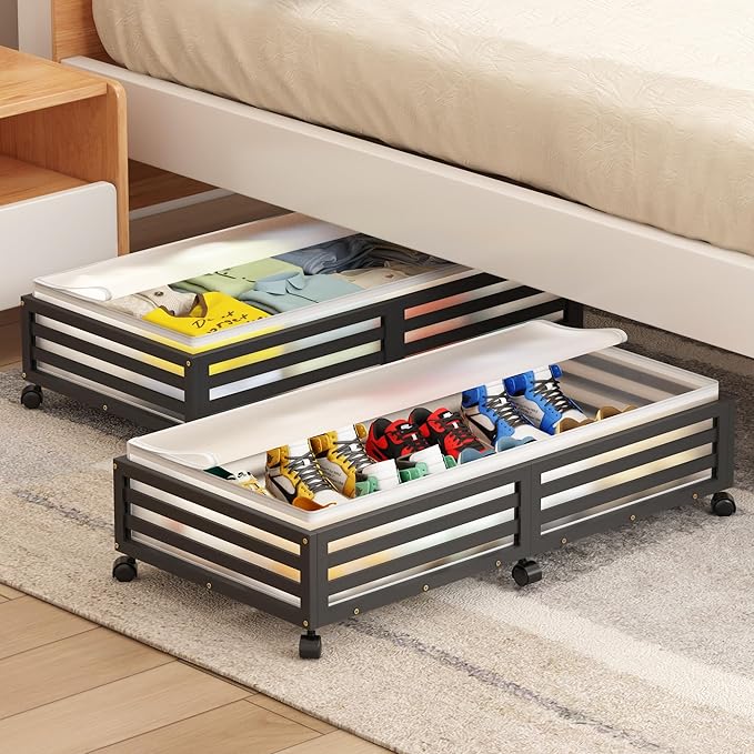 Wisuce Home Under Bed Storage Containers With Wheels - 2 Pcs Large Bamboo Wood Rolling Underbed Shoe Storage Bins With Dust Bags for Clothes Blankets, Duvet Covers Snacks Toys (Black)