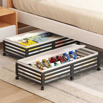 Wisuce Home Under Bed Storage Containers With Wheels - 2 Pcs Large Bamboo Wood Rolling Underbed Shoe Storage Bins With Dust Bags for Clothes Blankets, Duvet Covers Snacks Toys (Black)