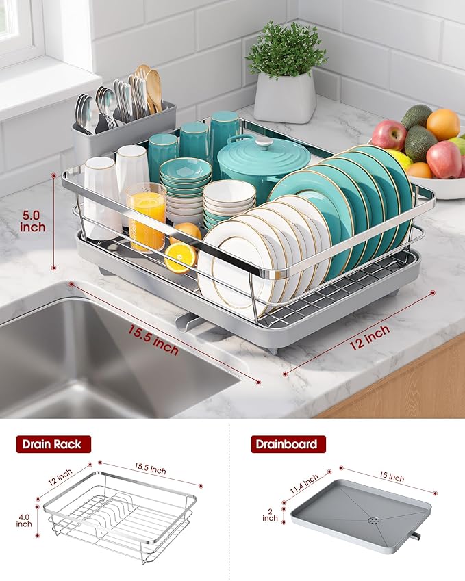 Sakugi Stainless Steel Dish Drying Rack for Kitchen Counter, Sink Organization and Storage Essentials with Silverware & Utensil Holder, Home and Apartment Decor, 12''W x 15.5''L, Silver