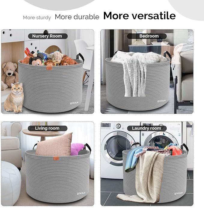 Extra Large Storage Laundry Basket 22" X 22"X 14" Cotton Rope Woven Basket for Blanket with Handles for Living Room Toys Storage XXXL (Gery)