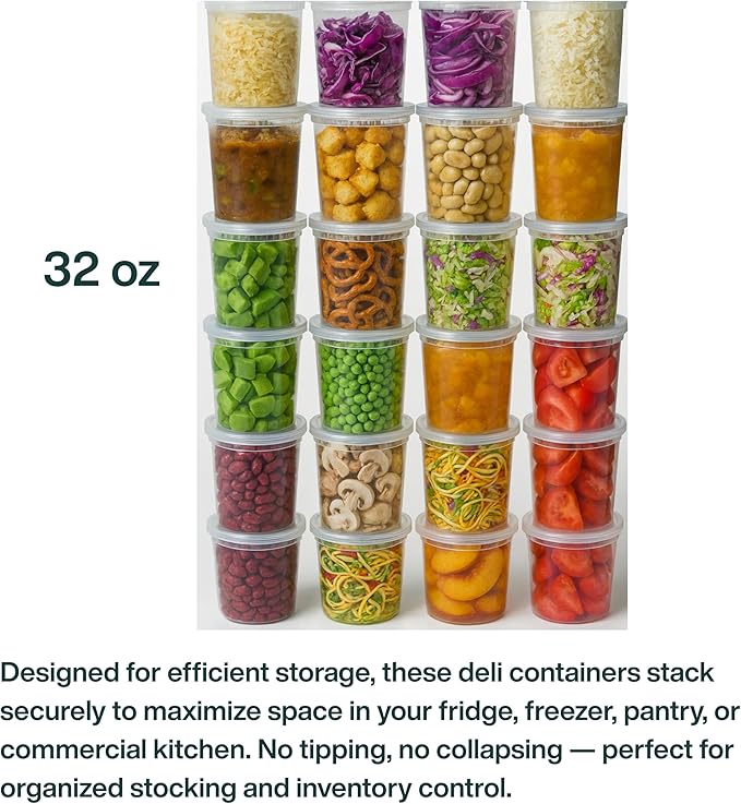 ProTakeOut 32oz [50 set] Heavy Duty Plastic Deli Container | BPA-Free Food Storage with Airtight Leak‑Proof Lids | Microwave, Freezer & Dishwasher Safe – Stackable, Bulk Reusable Soup & Meal Prep Tub