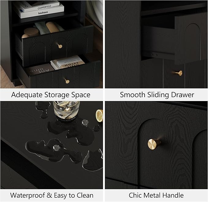 FORTUNETEC Nightstand with Charging Station, Modern Nightstand with Arched Design, Minimalist End Table with Wood Grain Texture, Bedside Table for Bedroom Living Room Sofa Office, Black