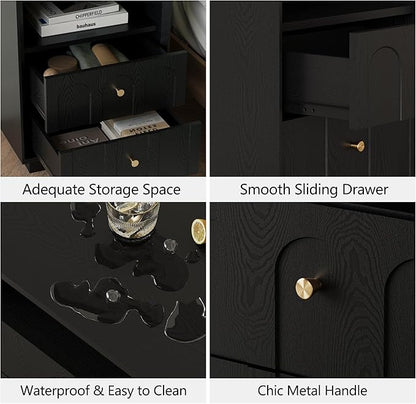 FORTUNETEC Nightstand Set of 2 with Charging Station, Mid Century Modern Nightstand with Arched Design,Minimalist End Table with Wood Grain Texture, Bedside Table for Bedroom Living Room, Black