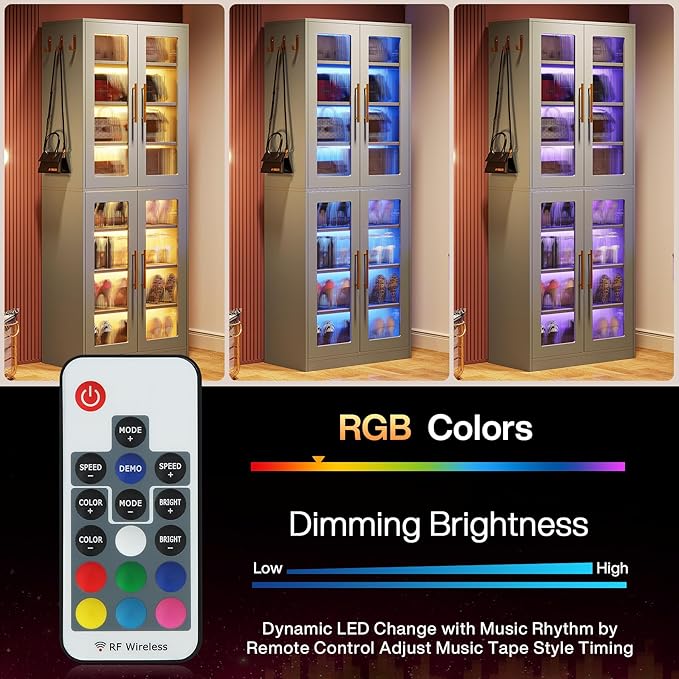 Tribesigns Tall Shoe Cabinet with Acrylic Doors and LED Lights, 8-Tier Shoe Organizer Storage Rack with Adjustable Shelves and Hanging Hooks for Narrow Closet, Hallway, Living Room, Gray (Set of 2)