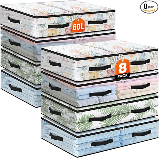 EdenDwell 8 Pack Under Bed Storage Bags, 60L Foldable Clear Storage Containers with Handles, Dual Zippers for Comforter, Clothes, Bedding, Linen Sheets, Sweaters, Blanket Storage