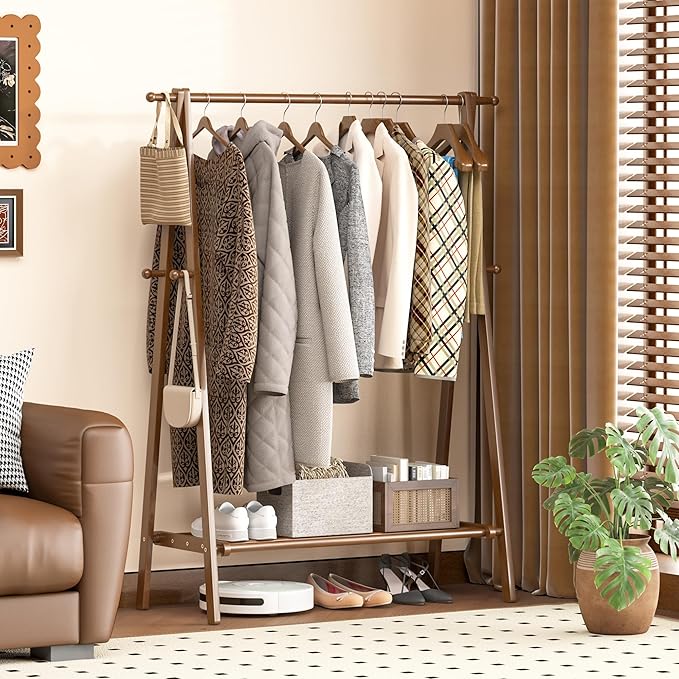 Solid Wood Clothes Rack with Shelves - Collapsible Clothing Racks for Hanging Clothes, Garment Rack with Shelves & 6 Hooks, Hanging Racks for Clothes, Bedroom, Entryway, Kids Room - Walnut