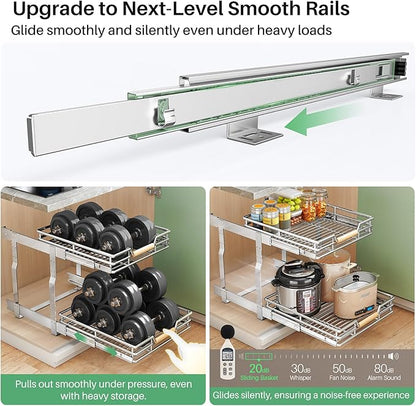 Pull out Cabinet Organizer, 2 Tiers 17"W X 21"D, Heavy Duty Smooth Sliding Under Cabinet Shelves for Pots and Pans, Full-Extension Roll out Drawers, Slide out Organization for Home Kitchen Pantry