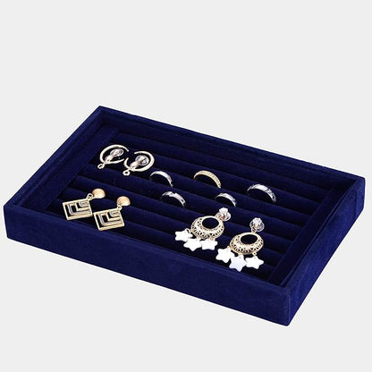 Valyria Velvet 7 Slots Ring Earrings Trays Showcase Display Jewelry Organizer (Blue)