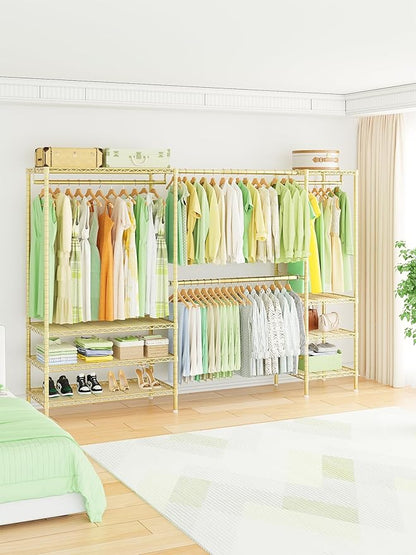 Ulif E11 Heavy-Duty Garment Rack, Metal Freestanding Clothes Rack and Closet Storage Organizer System with 8 Shelves and 4 Hanger Rods, (73.2-97.6)" W x 14.5" D x 71.2" H, Load 1034 LBS, Gold