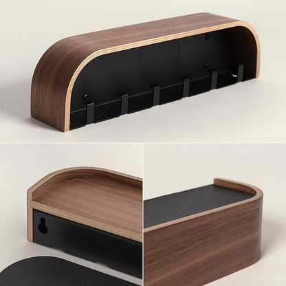 Kazai.® Key Holder 'Toke' | Minimalist Key Hook Design from Berlin | Modern Key Holder Wall Mount with Wooden Shelf | Key Rack for Wall as Entryway Organizer | Walnut
