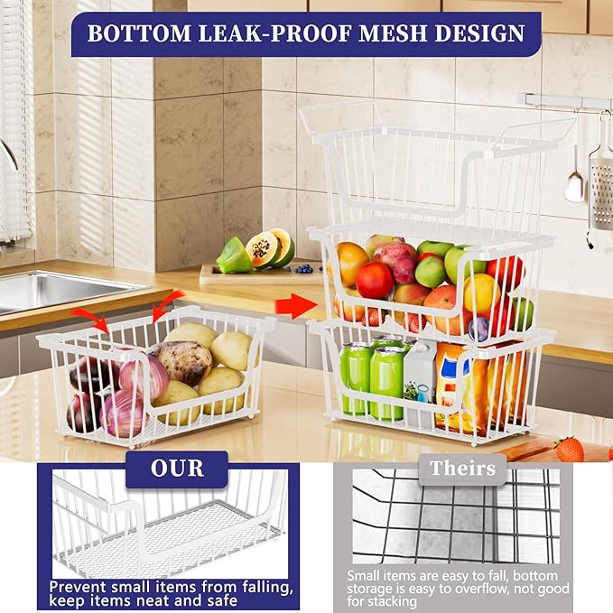 6 Pack Enhanced Leak-Proof Bottom Stackable Wire Baskets, Pantry Organizers and Storage, pantry storage，Shelf Baskets, Fruit Basket, Potato and Onion Storage Bins，(White)