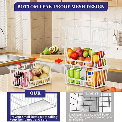 6 Pack Enhanced Leak-Proof Bottom Stackable Wire Baskets, Pantry Organizers and Storage, pantry storage，Shelf Baskets, Fruit Basket, Potato and Onion Storage Bins，(White)