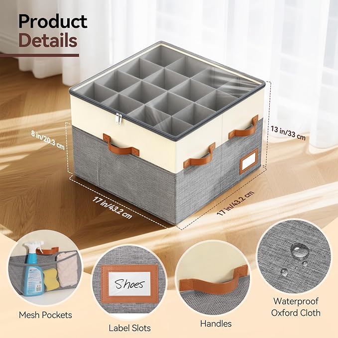 Lewondr Shoe Organizer for Closet, Foldable Shoe Storage Box with Adjustable Dividers and Clear Cover, Space Saving Shoes Holder with 4 Handles, Fits up to 32 Pairs, Beige+Gray