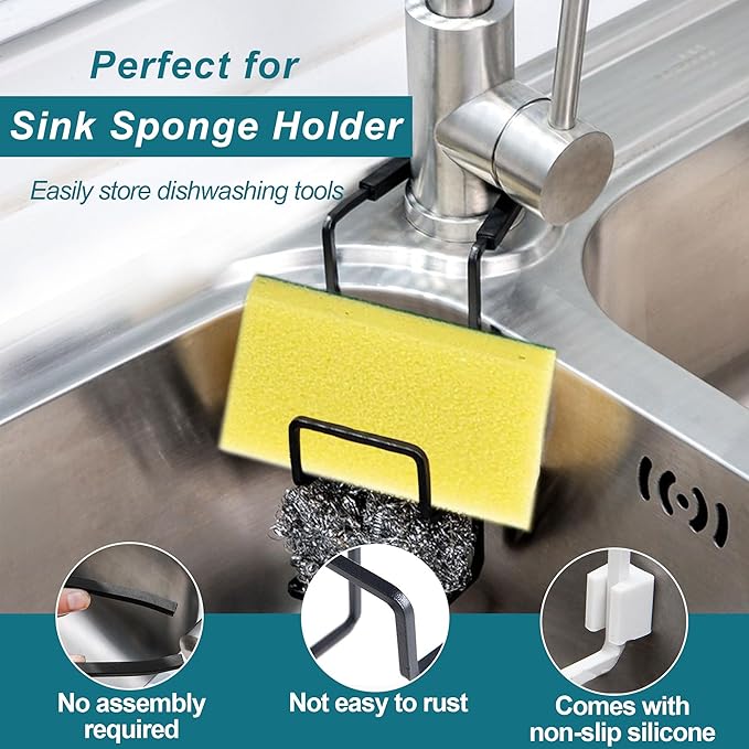 YUSAVHO Sponge Holder for Kitchen Sink – Sink Caddy Organizer for Sponges, Brushes, and Kitchen Sink Accessories, Apartment & New Home Essentials (Black)