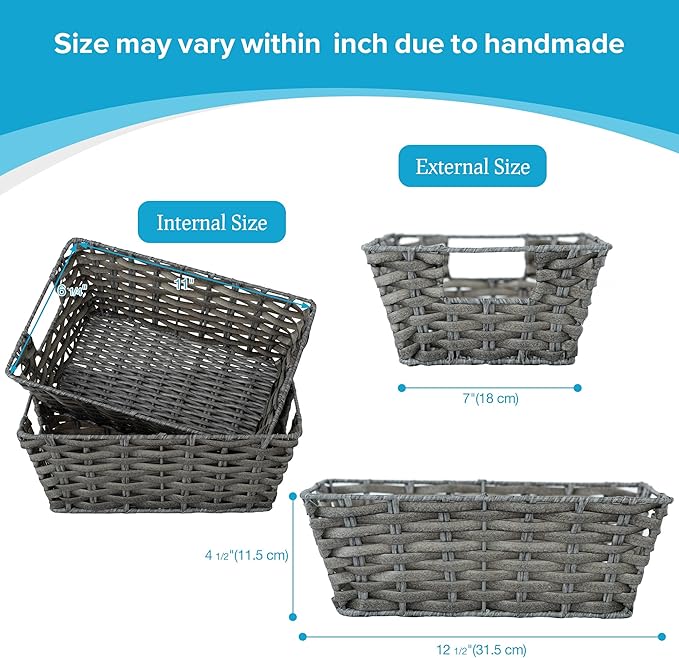 JS HANGER Wicker Storage Basket with Liners, Set of 2, Washable Waterproof, 12.6"L x 8.7"W x 4.3"H, Woven Basket for Pantry, Toilet, Bathroom, Bedroom, Patio, Grey