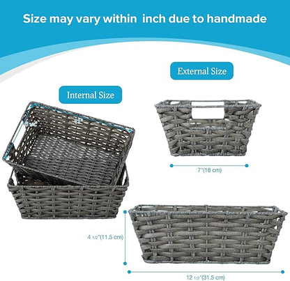 JS HANGER Wicker Storage Basket with Liners, Set of 2, Washable Waterproof, 12.6"L x 8.7"W x 4.3"H, Woven Basket for Pantry, Toilet, Bathroom, Bedroom, Patio, Grey