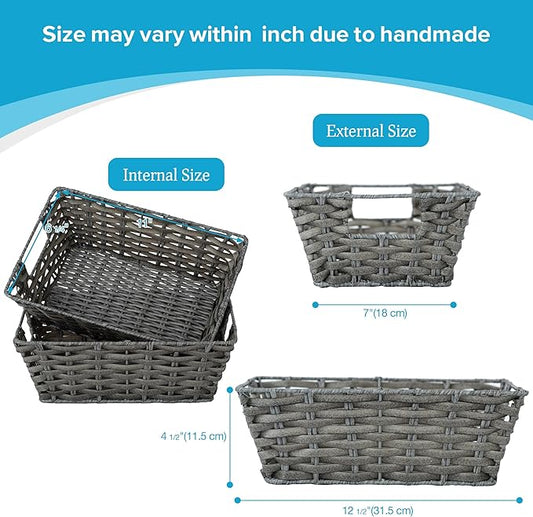 JS HANGER Wicker Storage Basket with Liners, Set of 2, Washable Waterproof, 12.6"L x 8.7"W x 4.3"H, Woven Basket for Pantry, Toilet, Bathroom, Bedroom, Patio, Grey