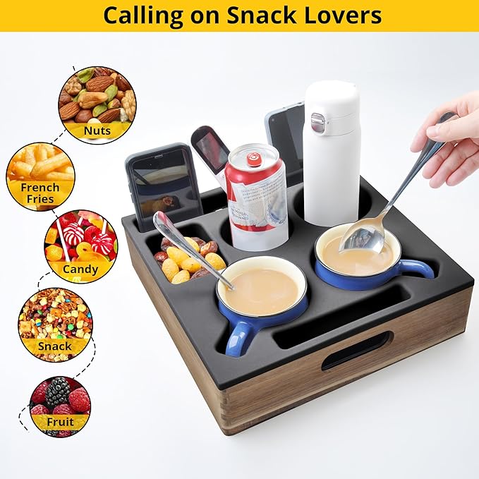 KindGa Couch Cup Holder, Waterproof Anti-Spill Couch Drink Holder for Snacks Beverage Remote, Food Grade Silicone Wooden Couch Caddy for Bed Car Seat Beach Tray (Black)